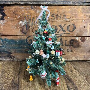 Table-Top Christmas Tree Tiny Wood Ornaments Pink Roses Vintage